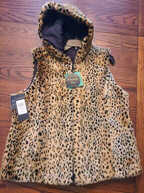 NWT Kristen Blake Faux Fur Reversible Hooded Vest Leopard / Black XL